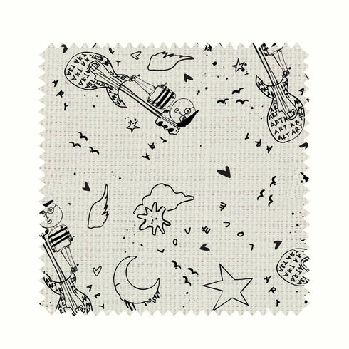 Rock N Love black and white fabric swatch by Kerri Rosenthal is made from a cotton-linen blend