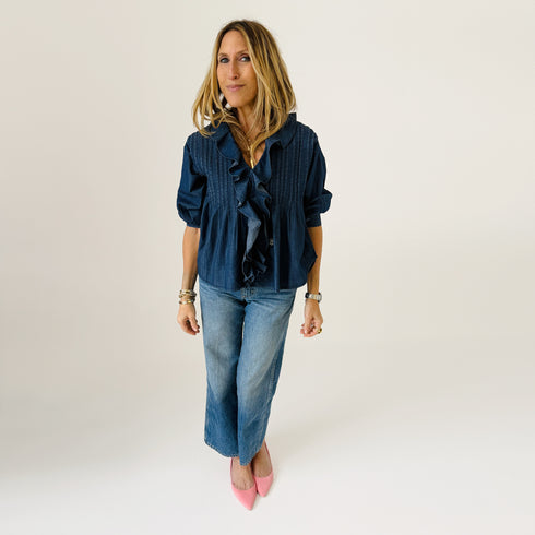 Rosen denim ruffles blue blouse top in 100% cotton with pintuck front by Kerri Rosenthal