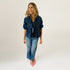 Rosen denim ruffles blue blouse top in 100% cotton with pintuck front by Kerri Rosenthal