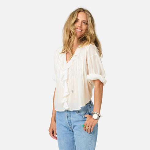 Rosen cream ruffle neck blouse in 100% cotton - Shop women's cute blouses by Kerri Rosenthal.