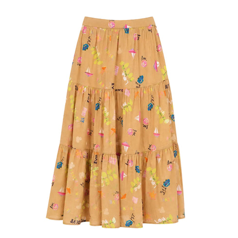 Kerri Rosenthal Point Dume tiered cotton maxi skirt in a multicolor painterly print.