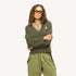 Saturday V-neck cotton knit sweater in army green with embroidered blue heart and Love Brigade army green pants - Shop women's sweaters by Kerri Rosenthal