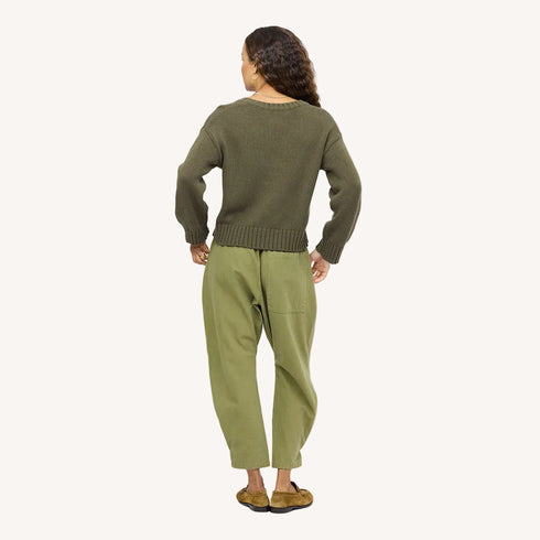 Back of Saturday V-neck cotton knit sweater in army green and Love Brigade army green pants - Shop women's sweaters by Kerri Rosenthal
