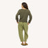 Back of Saturday V-neck cotton knit sweater in army green and Love Brigade army green pants - Shop women's sweaters by Kerri Rosenthal