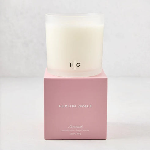 Hudson Grace Savannah Scented 3-Wick Candle in a large 24oz heavyweight glass vessel with gift box, featuring magnolia and citrus fragrance notes, hand-poured in the USA. Available at Kerri Rosenthal.