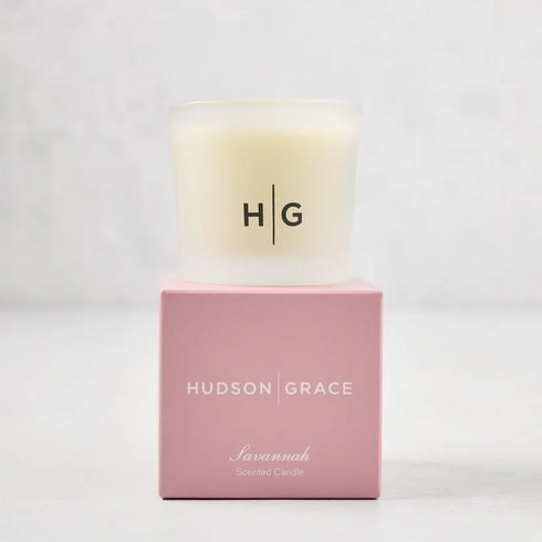 Hudson Grace Savannah Scented 3-Wick Candle in a large 24oz heavyweight glass vessel with gift box, featuring magnolia and citrus fragrance notes, hand-poured in the USA. Available at Kerri Rosenthal.