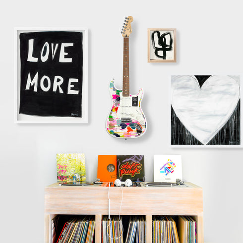 Colorful multi crazy in love Fender Stratocasters guitar artwork by Kerri Rosenthal