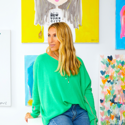 Camille V Neck 100% Cashmere Sweater bright parrot green - designer fashion sweaters - Kerri Rosenthal