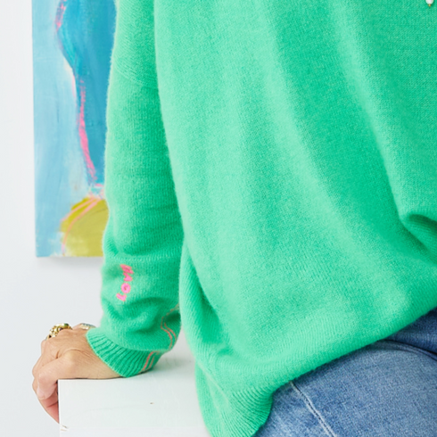 Camille V Neck 100% Cashmere Sweater bright parrot green - designer fashion sweater - Kerri Rosenthal sweaters