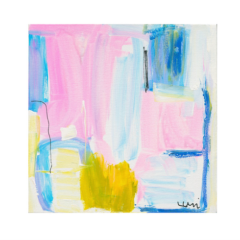 Jolly Rancher is a happy, vibrant and colorful pink, blue and yellow abstract stretched canvas original painted artwork piece by Kerri Rosenthal.