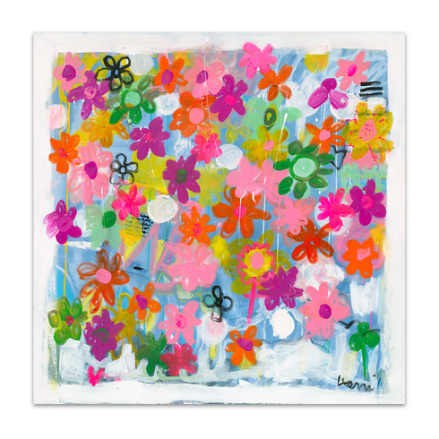 Vibrant, colorful Super Bloom original painting by Kerri Rosenthal. Inspired by the abundance of flowers in stunning super blooms this floral original painted artwork is perfect for home or office decor adding happy bright color to any room. 48" x 48" original painted stretched canvas wall art home decor artwork.