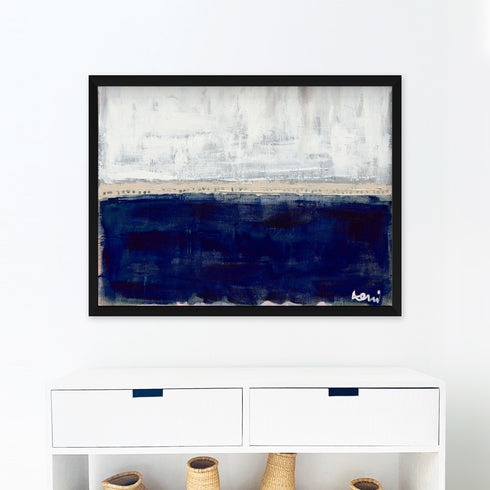 Sea Love white navy blue horizontal art print - Modern abstract contemporary original wall artwork by Kerri Rosenthal