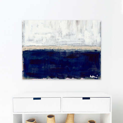 Sea Love white navy blue horizontal art print - Modern abstract contemporary original wall artwork by Kerri Rosenthal