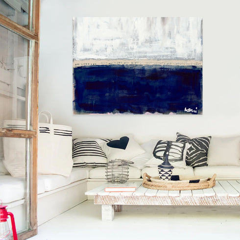 Sea Love white navy blue horizontal art print - Modern abstract contemporary original wall artwork by Kerri Rosenthal