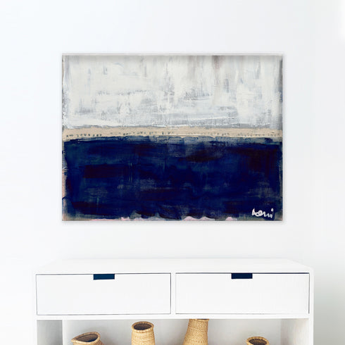 Sea Love white navy blue horizontal art print - Modern abstract contemporary original wall artwork by Kerri Rosenthal
