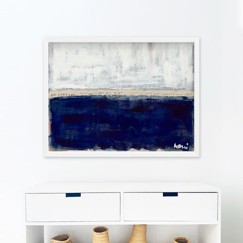Sea Love white navy blue horizontal art print - Modern abstract contemporary original wall artwork by Kerri Rosenthal