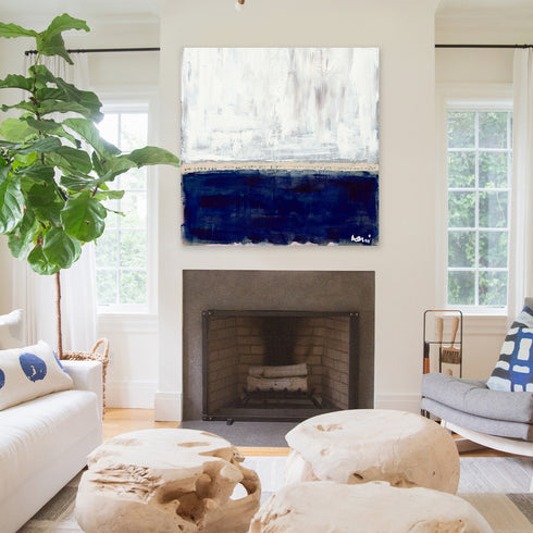 Sea Love white navy square outdoor art print - Modern abstract contemporary original artwork by Kerri Rosenthal