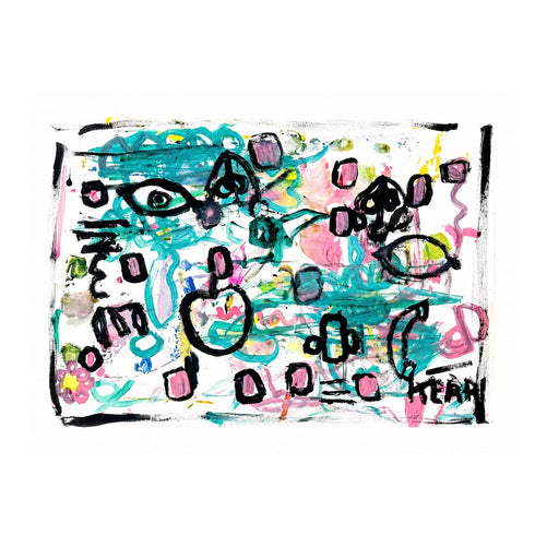 Kerri Rosenthal original mixed media abstract painting with bold black symbols, hearts, eyes, and gestural marks over layers of turquoise, blush pink, and yellow on white paper, signed by Kerri Rosenthal.