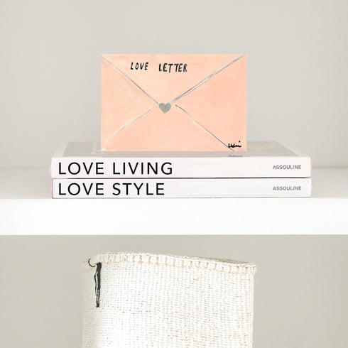 Sending You A Love Note Block of Love acrylic mini artwork on shelf by Kerri Rosenthal