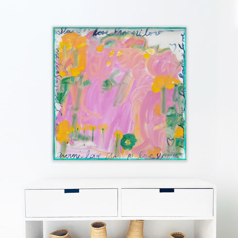 Shangri-love floral abstract multicolor wall word art print - Perfect wall word artwork for modern living room decor by Kerri Rosenthal