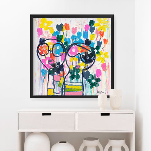 She Wears Flowers In Her Hair is a vibrant, happy, colorful modern framed wall art print of an original painting by Kerri Rosenthal