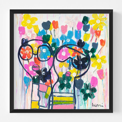 She Wears Flowers In Her Hair is a vibrant, happy, colorful modern framed wall art print of an original painting by Kerri Rosenthal