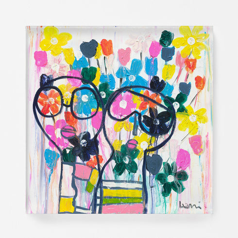 She Wears Flowers In Her Hair is a vibrant, happy, colorful modern plexi mount wall art print of an original painting by Kerri Rosenthal