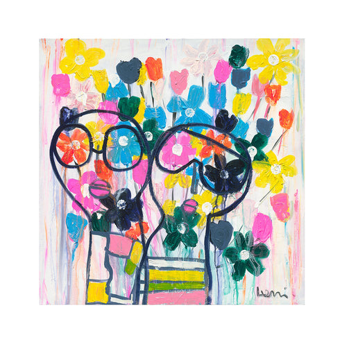 She Wears Flowers In Her Hair is a vibrant, happy, colorful modern framed wall art print of an original painting by Kerri Rosenthal