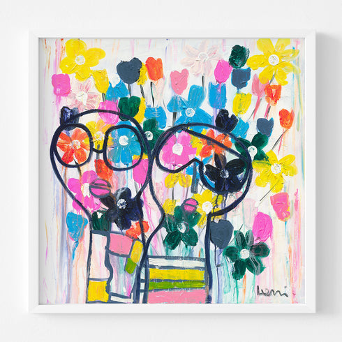 She Wears Flowers In Her Hair is a vibrant, happy, colorful modern framed wall art print of an original painting by Kerri Rosenthal