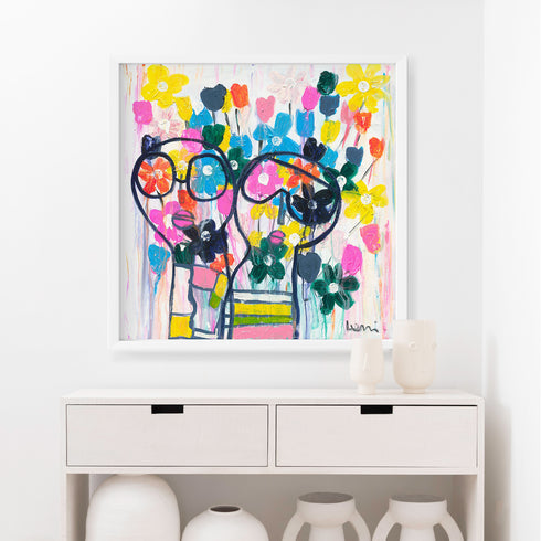 She Wears Flowers In Her Hair is a vibrant, happy, colorful modern framed wall art print of an original painting by Kerri Rosenthal