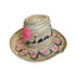 Side view of a hand-painted straw hat with pink and black floral and heart motifs handpainted by Kerri Rosenthal