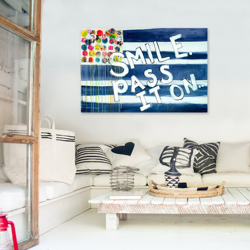 Smile Pass It On indigo blue word art print by Kerri Rosenthal - Unique artwork for living room wall decor