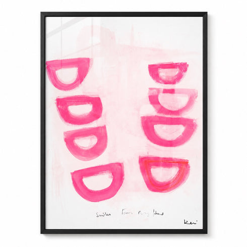Black Framed artwork with pink abstract shapes on a white background by Kerri Rosenthal
