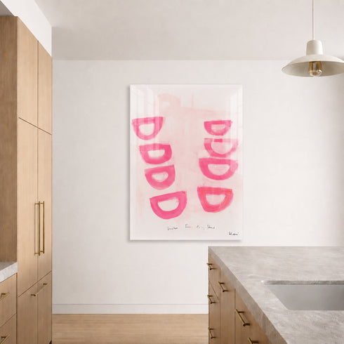 Modern kitchen with a white wall featuring a pink abstract art print. Original painting by Kerri Rosenthal.