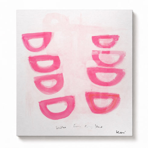 Abstract art piece with pink half-moon shapes on a white background. Original painting by Kerri Rosenthal.