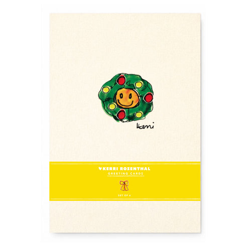 Mr. Smiley Wreath greeting card by Kerri Rosenthal, a colorful mini artwork design sold as a 6-pack stationery set, styled view