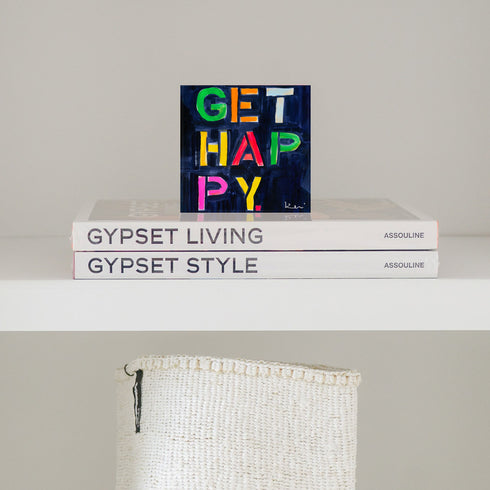 Multicolor Get Happy Block of Love are signed, mini editions of Kerri Rosenthal's word artwork mounted on 3/4" plexiglass acrylic block