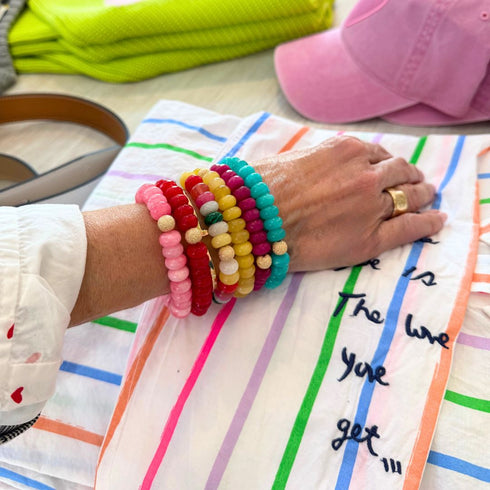 Dolce Colorful Bracelet- Seally Mimi, made from smooth semi-precious stones, Quartz, agate, aventurine with a 14K gold bead. Handmade in Switzerland.