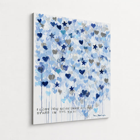 Thumbnail 10 (close angled, wall mount):
Close angled view of blue heart and star canvas art mounted on white wall, textured watercolor drip design