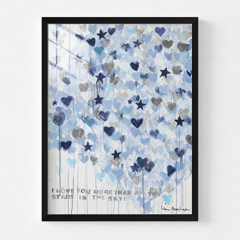 Kerri Rosenthal Starry Starry Love Vertical Art Print in black frame — abstract blue, navy, and gray hearts and stars, shown on wall for scale.
