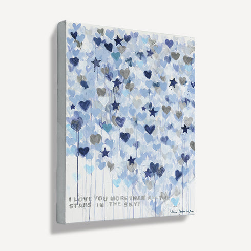 Kerri Rosenthal Starry Starry Love Vertical Art Print — gallery-wrapped canvas edition, blue, navy, and gray hearts and stars, angled product shot.