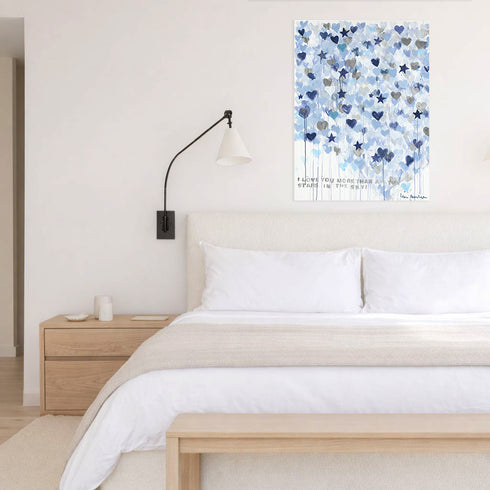 Kerri Rosenthal Starry Starry Love Vertical Art Print — canvas edition styled above bed, bedroom wall art inspiration."
