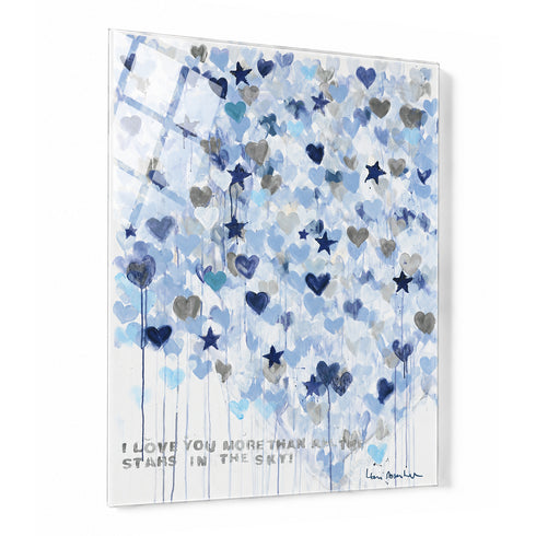 Kerri Rosenthal Starry Starry Love Vertical Art Print — acrylic-mounted edition, blue, navy, and gray hearts and stars, angled product shot.