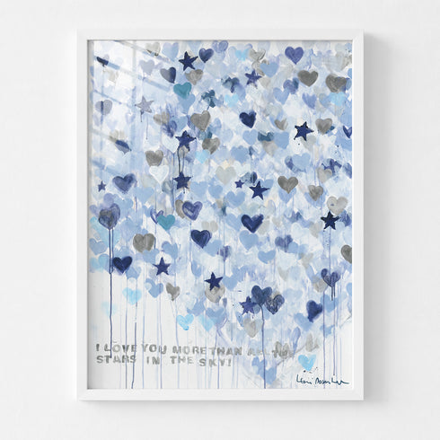 Kerri Rosenthal art print in white frame Starry Starry 'I Love You More Than All the Stars in the Sky' — abstract blue, navy, and gray hearts and stars with paint drips on white background.
