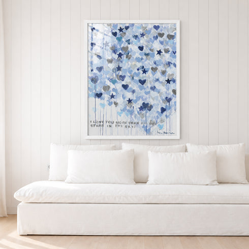 Kerri Rosenthal Starry Starry Love Vertical Art Print styled above white sofa — living room wall art inspiration.