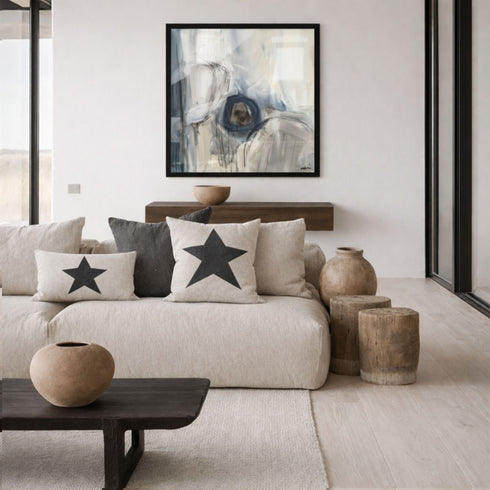 Starry Night natural and black square and rectangular lumbar decorative cute throw pillows on couch by Kerri Rosenthal