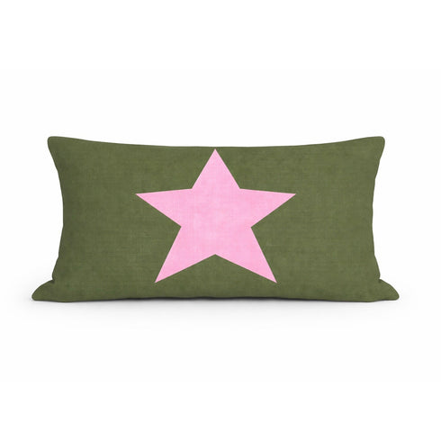 Starry olive rectangular square lumbar throw pillow in linen by Kerri Rosenthal