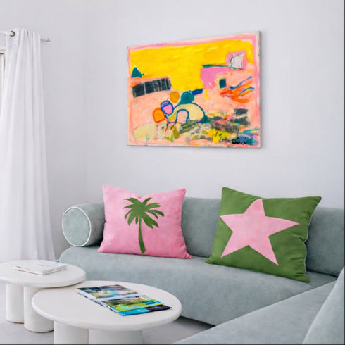 Colorful olive and pink square throw pillow in linen by Kerri Rosenthal for couch