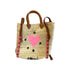 Hand-painted straw tote bag with a pink woven heart, black star motifs, and tan leather handles handpainted by Kerri Rosenthal.