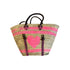 Hand-painted straw tote bag with neon pink stripes, a woven pink heart, and leather handles by artist Kerri Rosenthal.